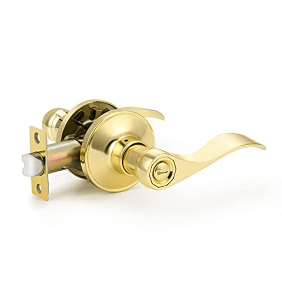 NWT Goldentimehardware Privacy Lever Door Handle w/Thumb Lock, Polished Brass - Picture 1 of 5
